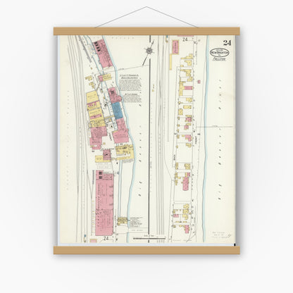 Old map wall art mockup — magnetic wood frame on white wall — Sanborn Fire Insurance Map from New Brighton, Beaver County, Pennsylvania (1913), Sheet #0024