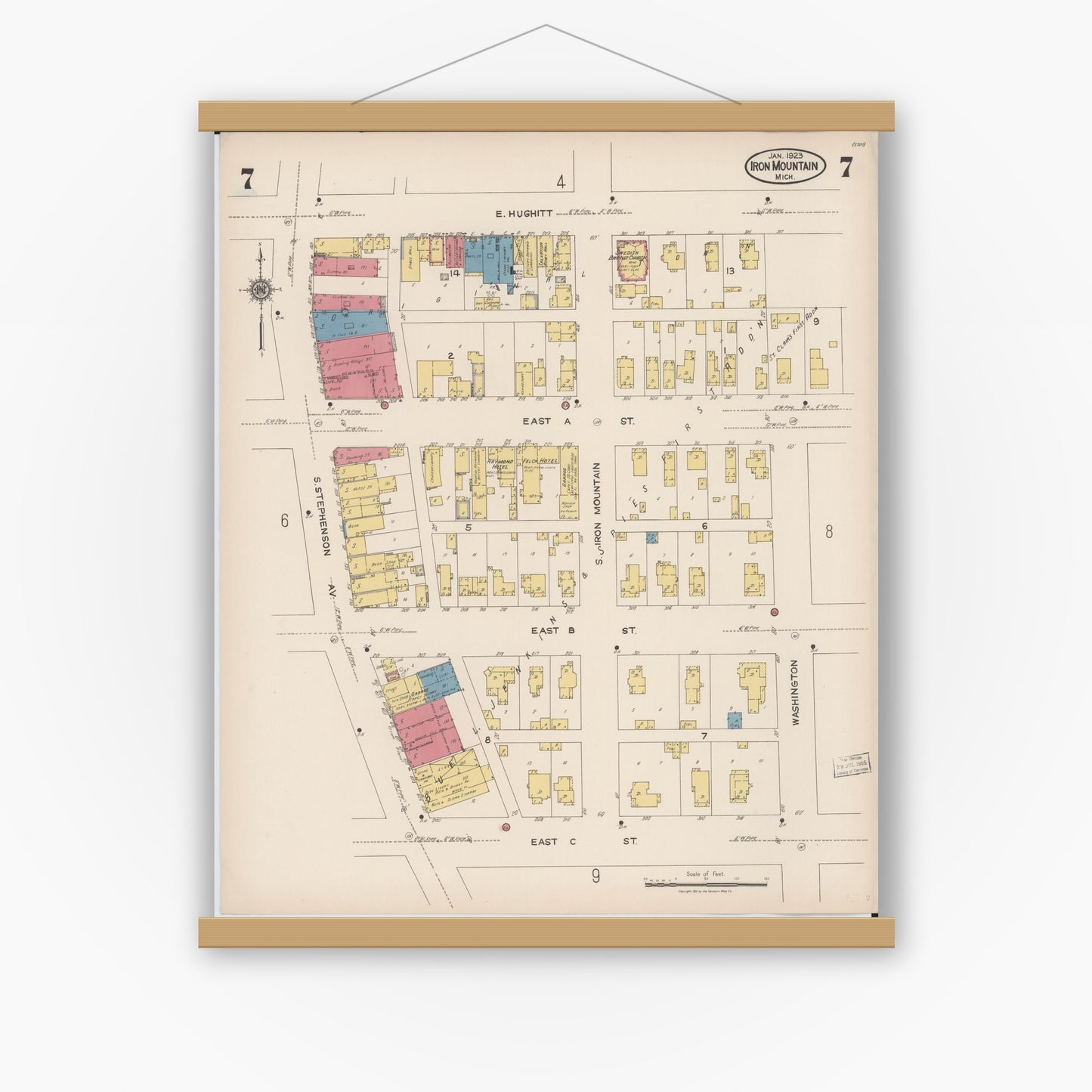 Old map wall art mockup — magnetic wood frame on white wall — Sanborn Fire Insurance Map from Iron Mountain, Dickinson County, Michigan (1923), Sheet #0007