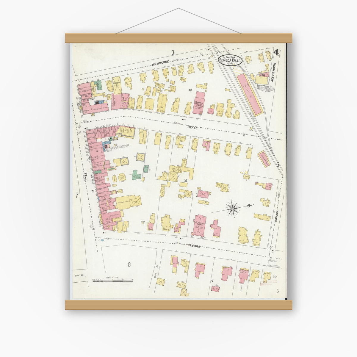 Old map wall art mockup — magnetic wood frame on white wall — Sanborn Fire Insurance Map from Seneca Falls, Seneca County, New York (1904), Sheet #0004