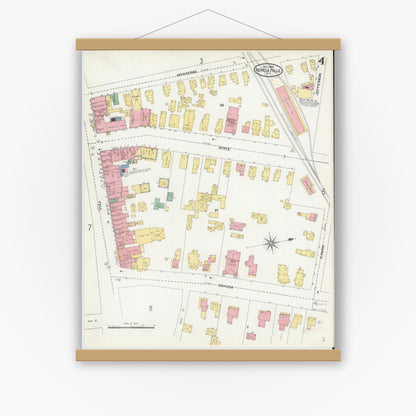Old map wall art mockup — magnetic wood frame on white wall — Sanborn Fire Insurance Map from Seneca Falls, Seneca County, New York (1904), Sheet #0004