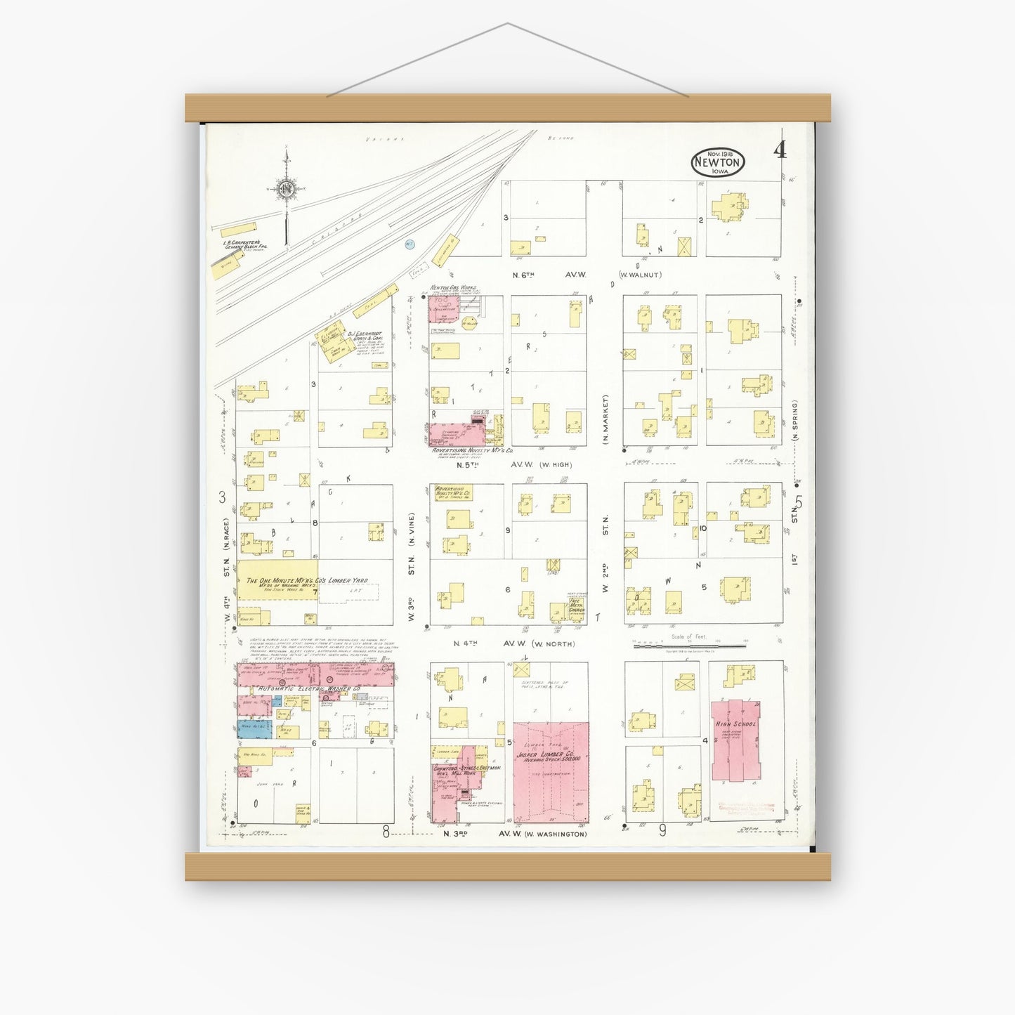 Old map wall art mockup — magnetic wood frame on white wall — Sanborn Fire Insurance Map from Newton, Jasper County, Iowa (1918), Sheet #0004
