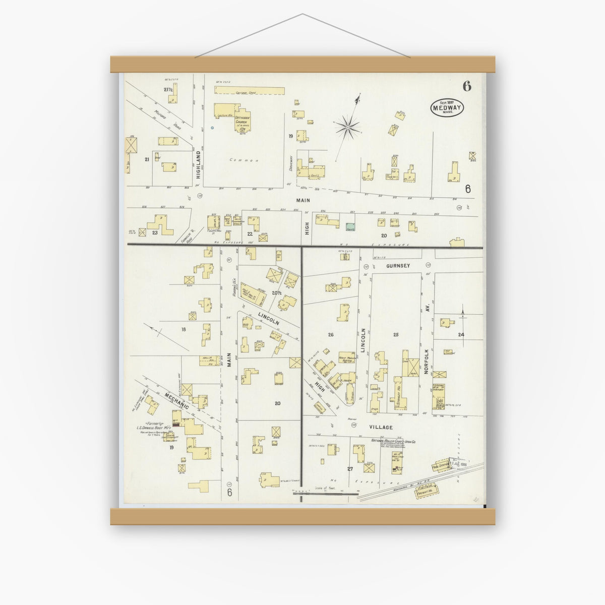 Old map wall art mockup — magnetic wood frame on white wall — Sanborn Fire Insurance Map from Medway, Norfolk County, Massachusetts (1897), Sheet #0006