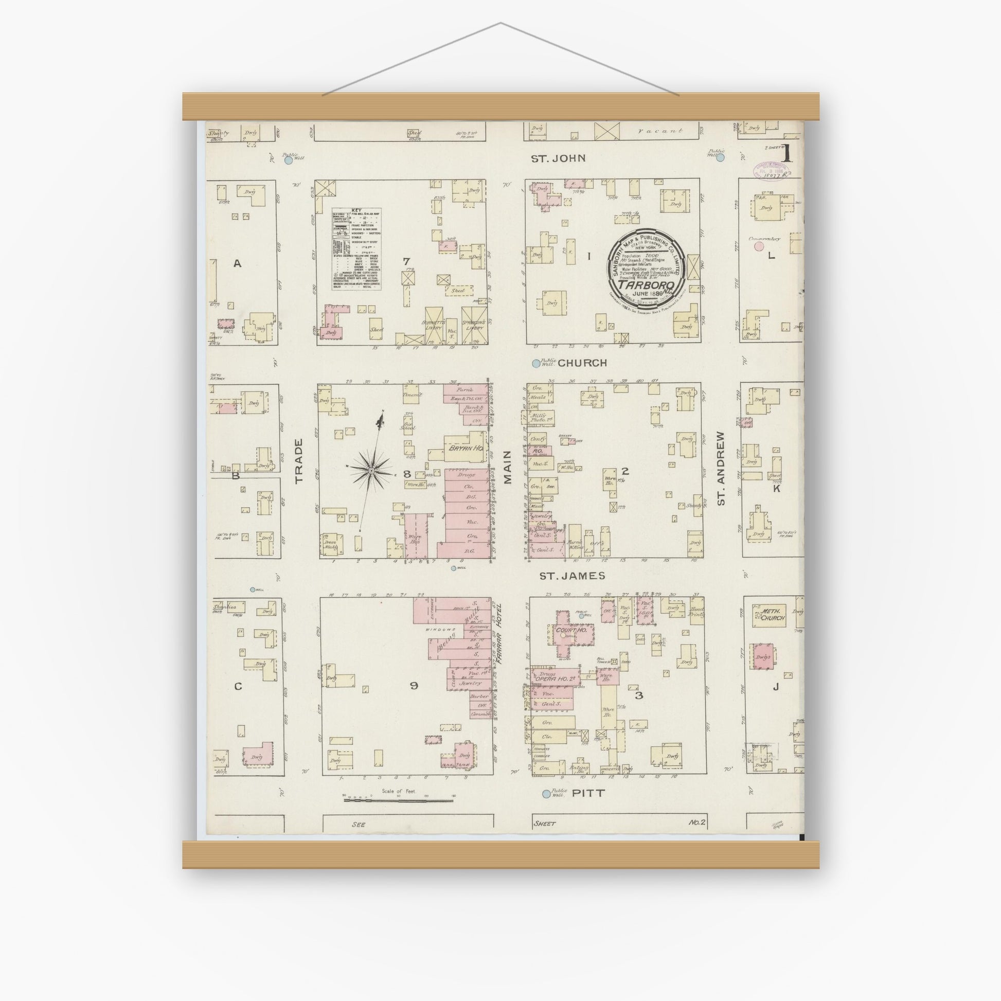 Old map wall art mockup — magnetic wood frame on white wall — Sanborn Fire Insurance Map from Tarboro, Edgecombe County, North Carolina (1886) - Complete Map Set