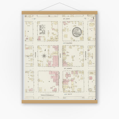 Old map wall art mockup — magnetic wood frame on white wall — Sanborn Fire Insurance Map from Tarboro, Edgecombe County, North Carolina (1886) - Complete Map Set