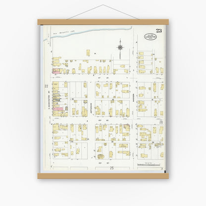Old map wall art mockup — magnetic wood frame on white wall — Sanborn Fire Insurance Map from Ludington, Mason County, Michigan (1910), Sheet #0023