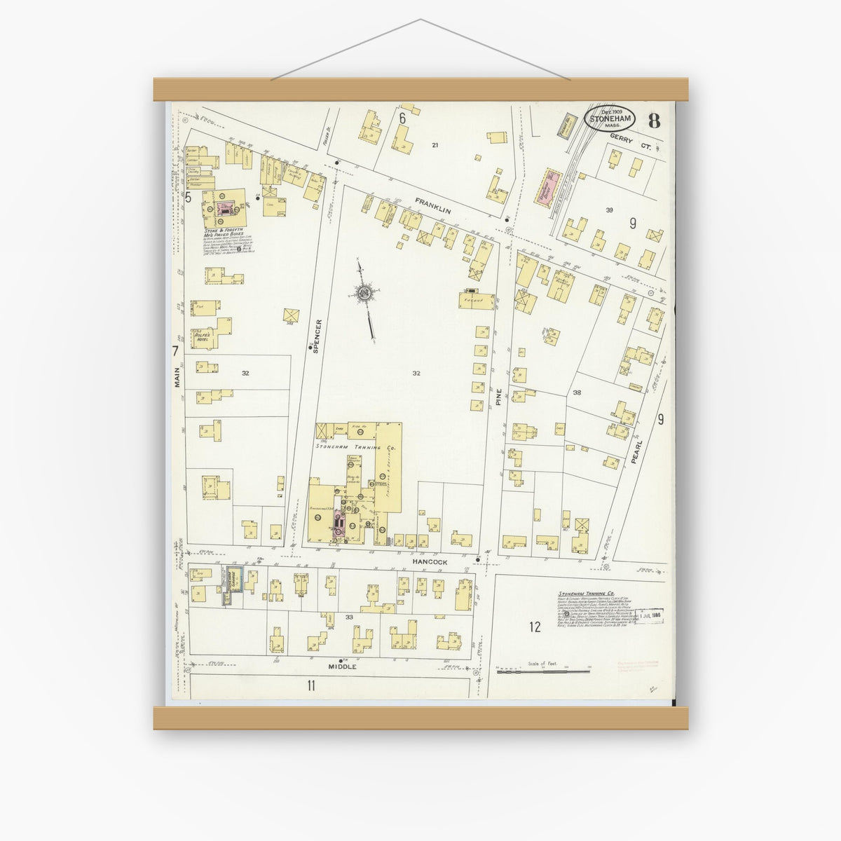 Old map wall art mockup — magnetic wood frame on white wall — Sanborn Fire Insurance Map from Stoneham, Middlesex County, Massachusetts (1909), Sheet #0008