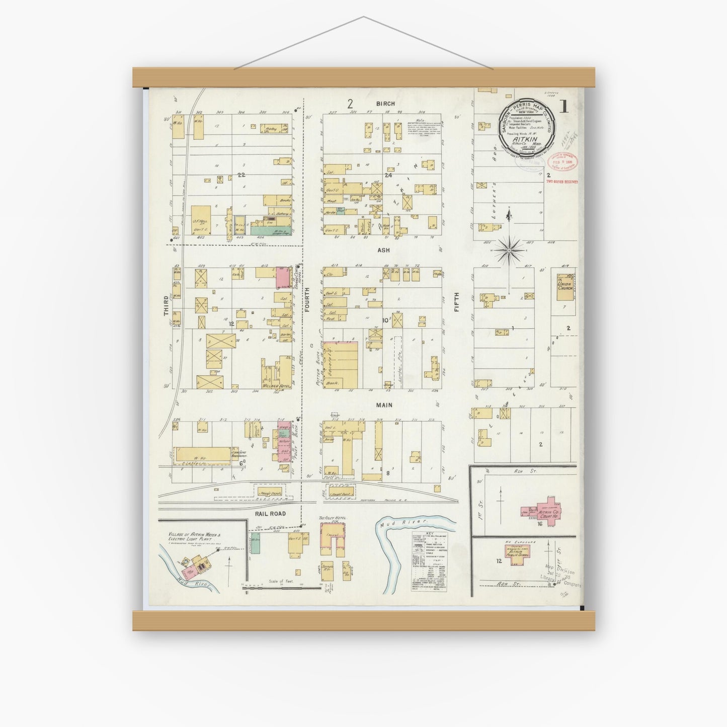 Old map wall art mockup — magnetic wood frame on white wall — Sanborn Fire Insurance Map from Aitkin, Aitkin County, Minnesota (1898), Sheet #0001