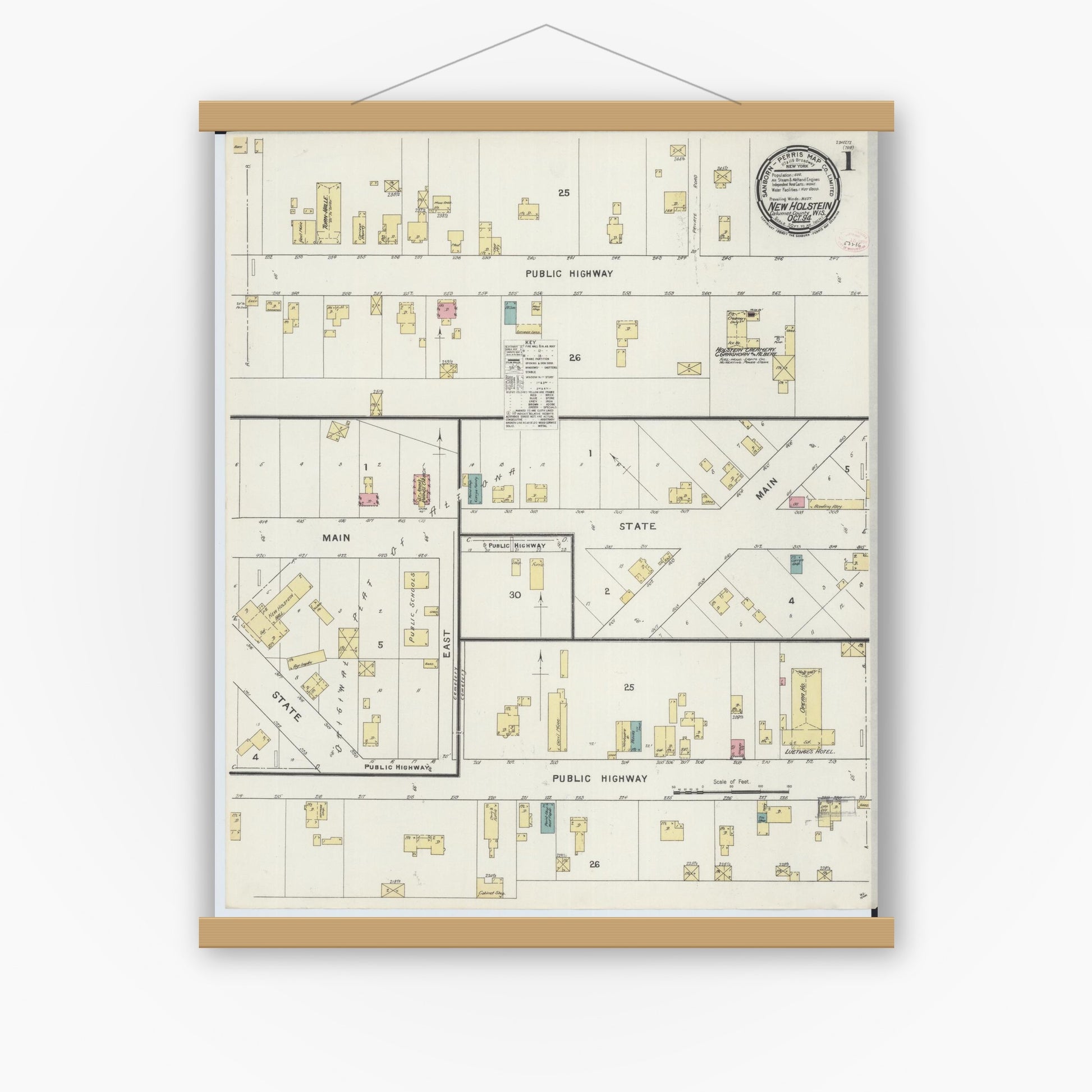 Old map wall art mockup — magnetic wood frame on white wall — Sanborn Fire Insurance Map from New Holstein, Calumet County, Wisconsin (1894) - Complete Map Set