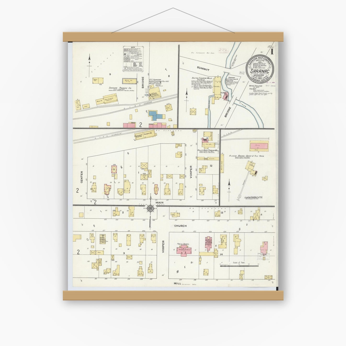 Old map wall art mockup — magnetic wood frame on white wall — Sanborn Fire Insurance Map from Saranac, Ionia County, Michigan (1910) - Complete Map Set