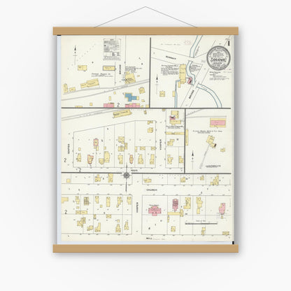 Old map wall art mockup — magnetic wood frame on white wall — Sanborn Fire Insurance Map from Saranac, Ionia County, Michigan (1910) - Complete Map Set