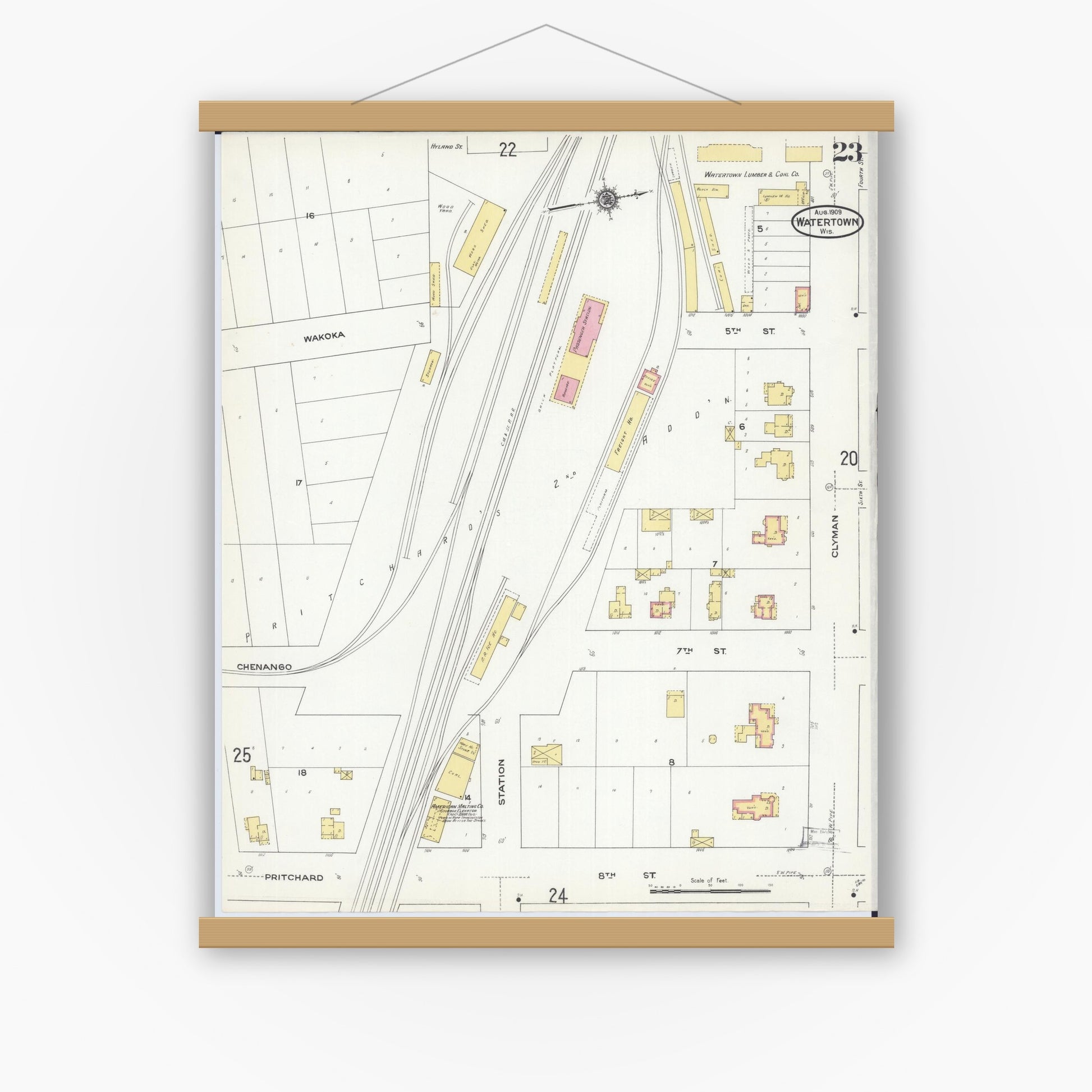 Old map wall art mockup — magnetic wood frame on white wall — Sanborn Fire Insurance Map from Watertown, Jefferson County, Wisconsin (1909), Sheet #0023