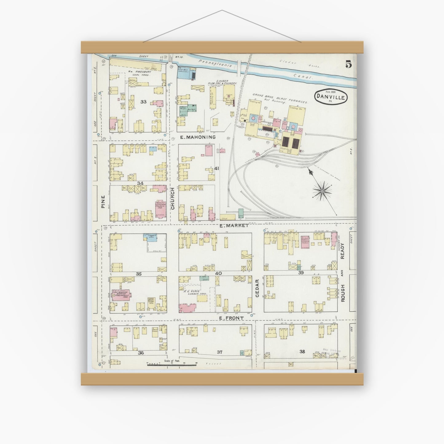 Old map wall art mockup — magnetic wood frame on white wall — Sanborn Fire Insurance Map from Danville, Montour County, Pennsylvania (1891), Sheet #0005