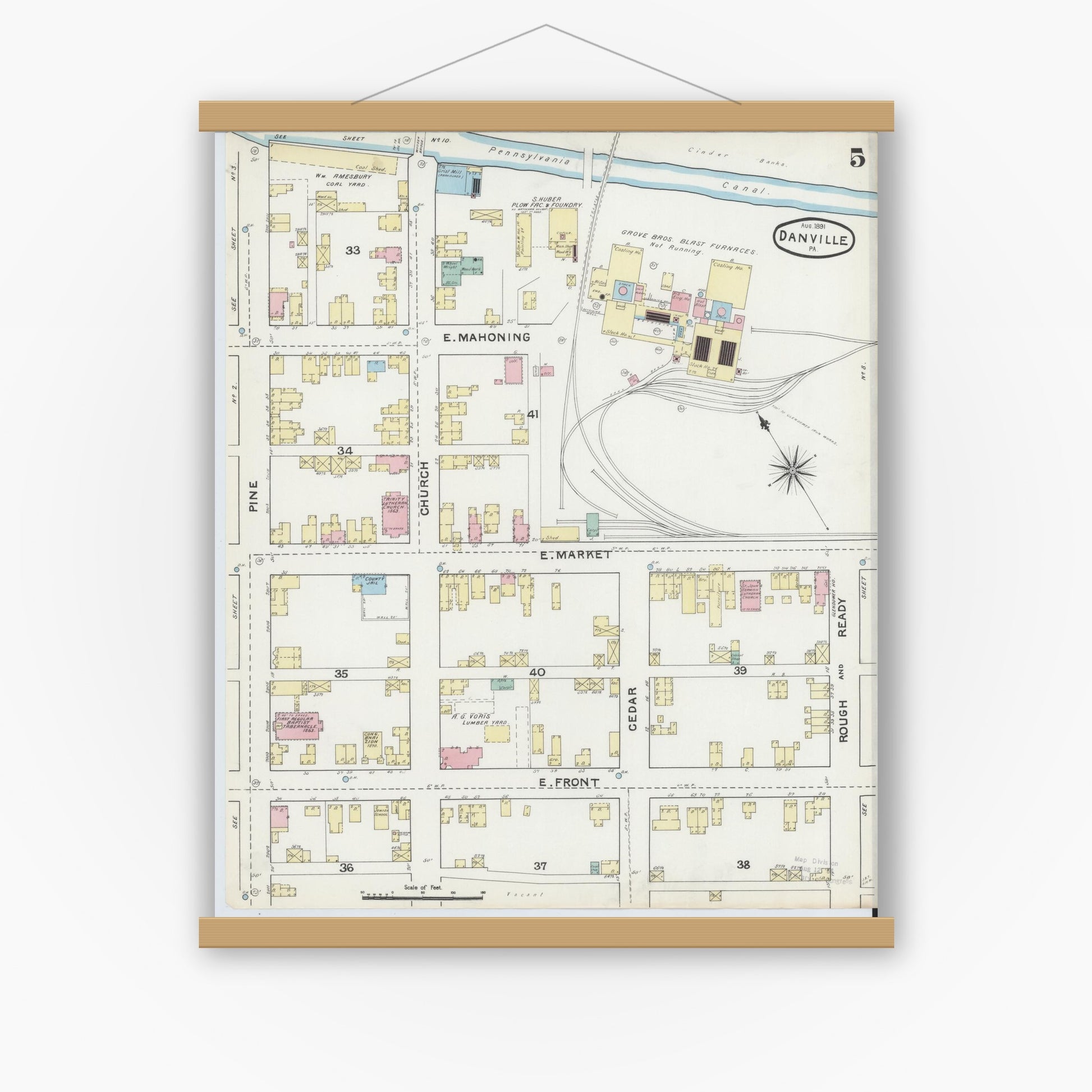 Old map wall art mockup — magnetic wood frame on white wall — Sanborn Fire Insurance Map from Danville, Montour County, Pennsylvania (1891), Sheet #0005