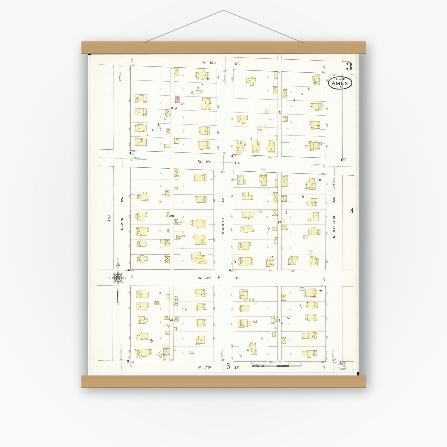 Old map wall art mockup — magnetic wood frame on white wall — Sanborn Fire Insurance Map from Ames, Story County, Iowa (1911), Sheet #0003