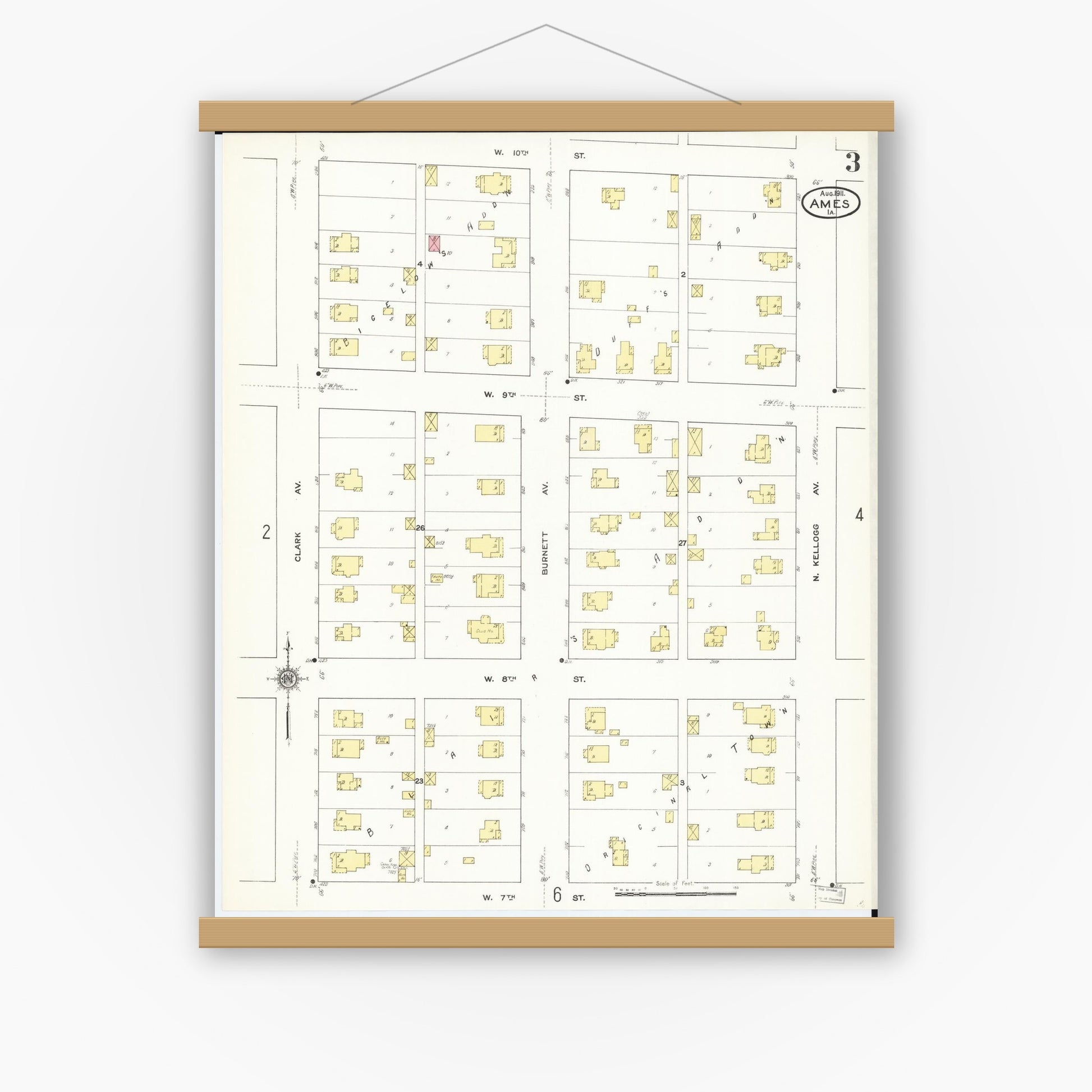 Old map wall art mockup — magnetic wood frame on white wall — Sanborn Fire Insurance Map from Ames, Story County, Iowa (1911), Sheet #0003