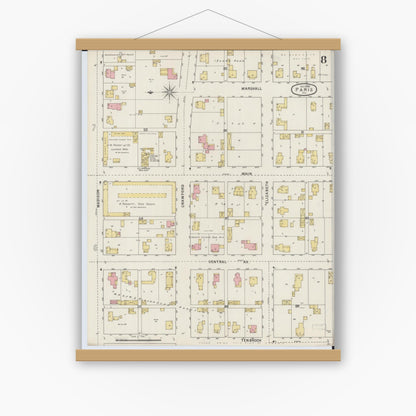 Old map wall art mockup — magnetic wood frame on white wall — Sanborn Fire Insurance Map from Paris, Edgar County, Illinois (1895), Sheet #0008