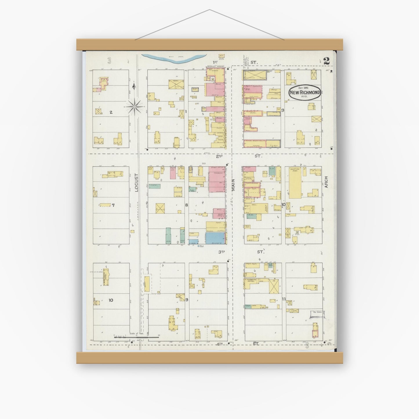Old map wall art mockup — magnetic wood frame on white wall — Sanborn Fire Insurance Map from New Richmond, St. Croix County, Wisconsin (1892), Sheet #0002