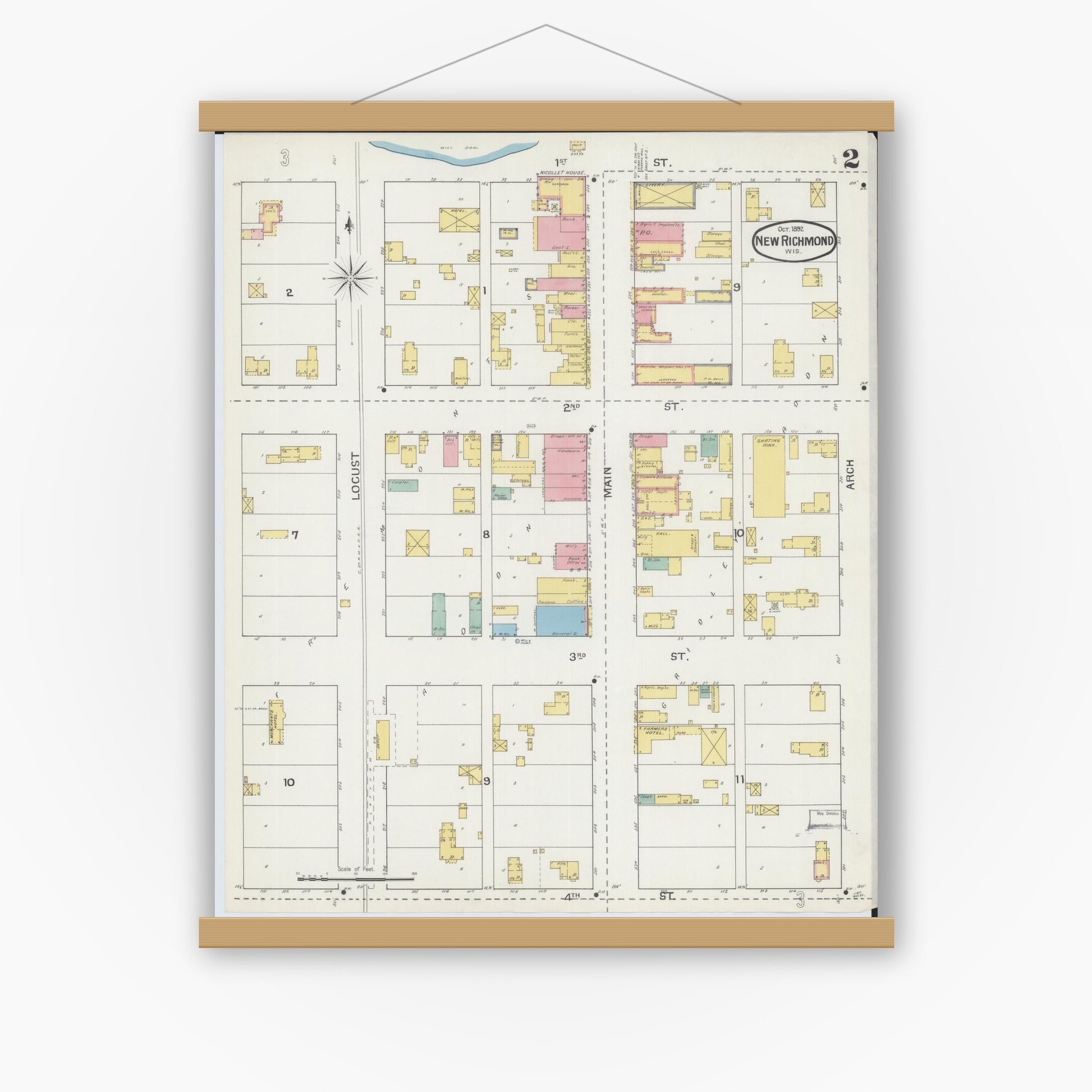 Old map wall art mockup — magnetic wood frame on white wall — Sanborn Fire Insurance Map from New Richmond, St. Croix County, Wisconsin (1892), Sheet #0002