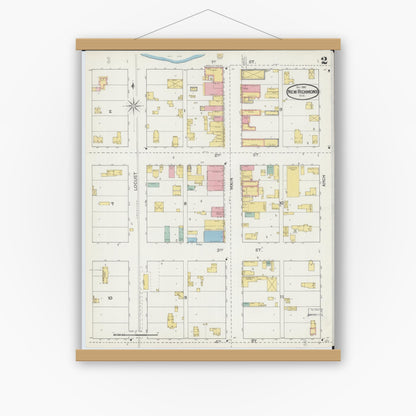 Old map wall art mockup — magnetic wood frame on white wall — Sanborn Fire Insurance Map from New Richmond, St. Croix County, Wisconsin (1892), Sheet #0002