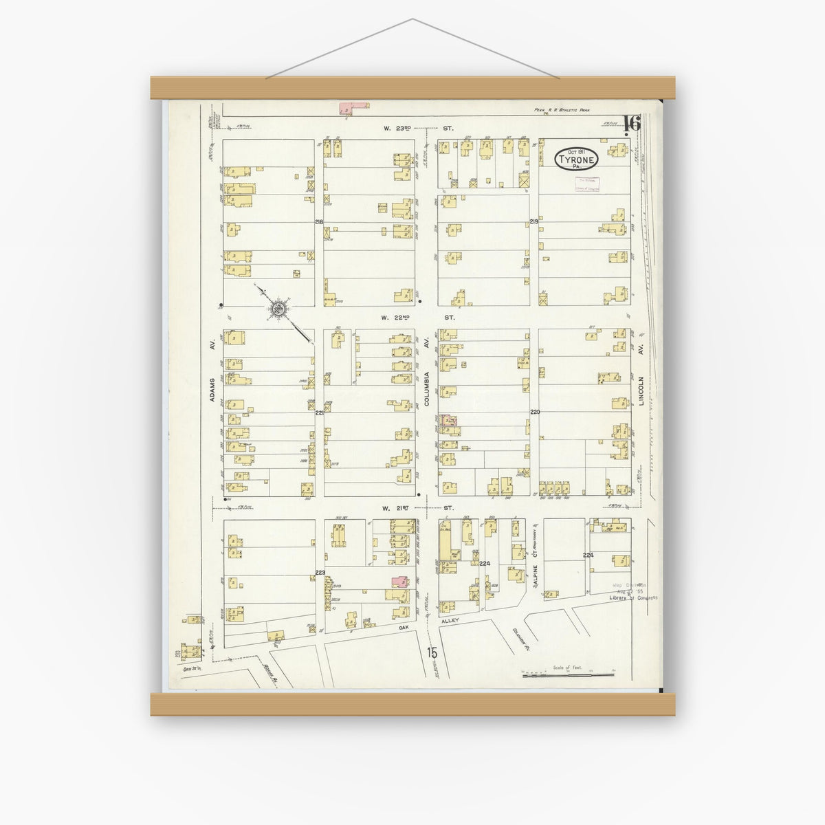 Old map wall art mockup — magnetic wood frame on white wall — Sanborn Fire Insurance Map from Tyrone, Blair County, Pennsylvania (1911), Sheet #0016