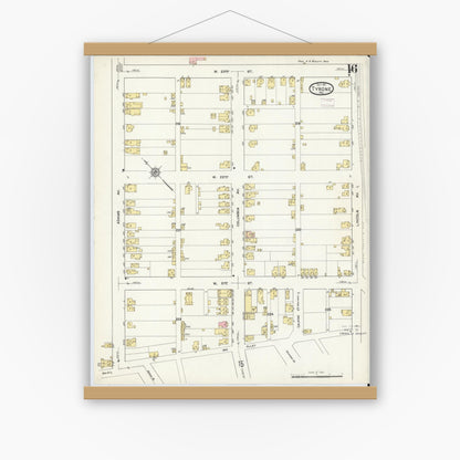 Old map wall art mockup — magnetic wood frame on white wall — Sanborn Fire Insurance Map from Tyrone, Blair County, Pennsylvania (1911), Sheet #0016
