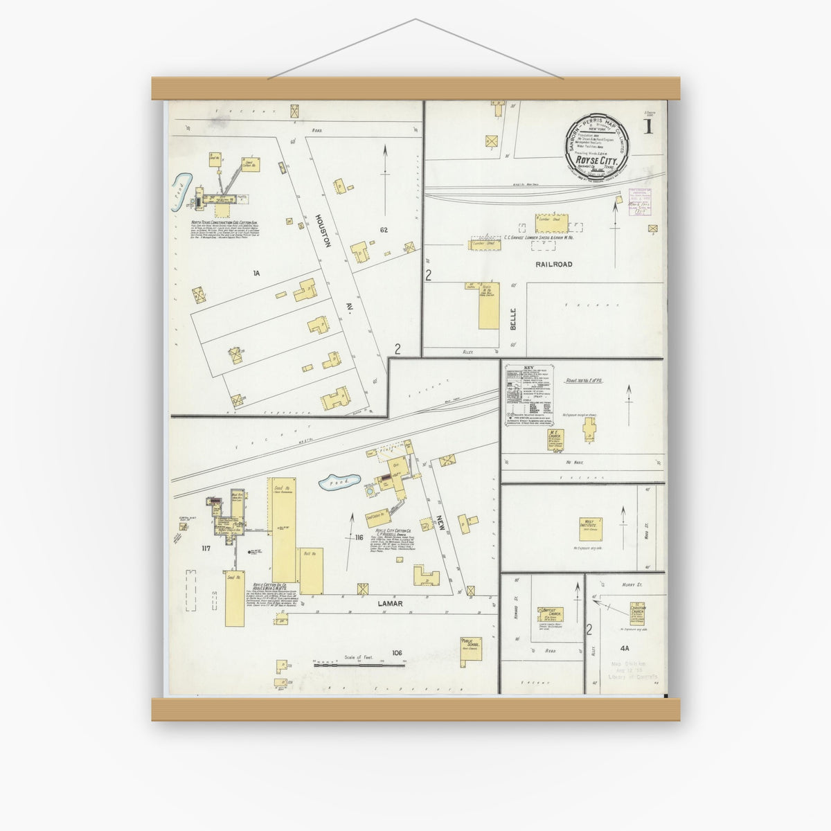 Old map wall art mockup — magnetic wood frame on white wall — Sanborn Fire Insurance Map from Royse City, Rockwell County, Texas (1901), Sheet #0001