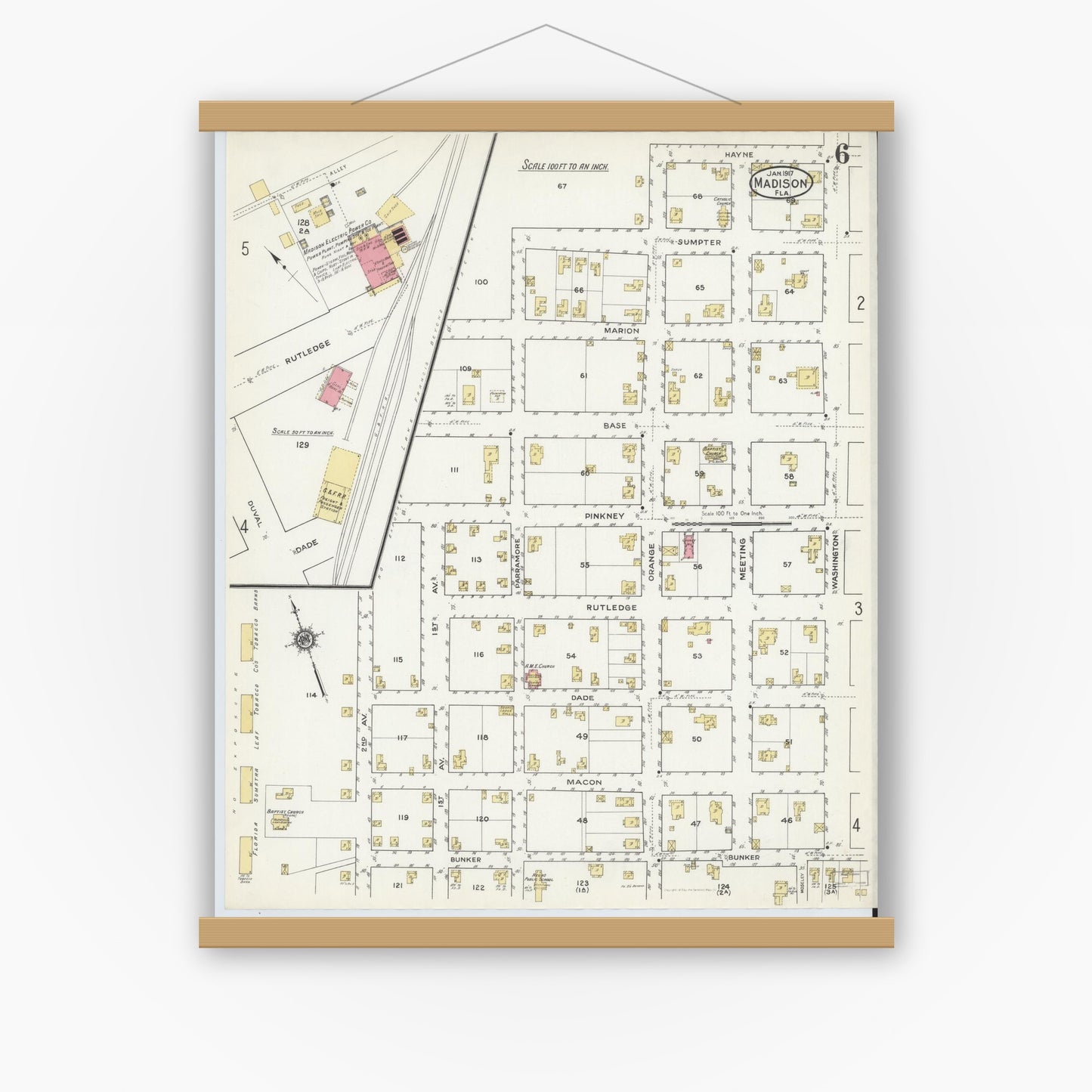 Old map wall art mockup — magnetic wood frame on white wall — Sanborn Fire Insurance Map from Madison, Madison County, Florida (1917), Sheet #0006