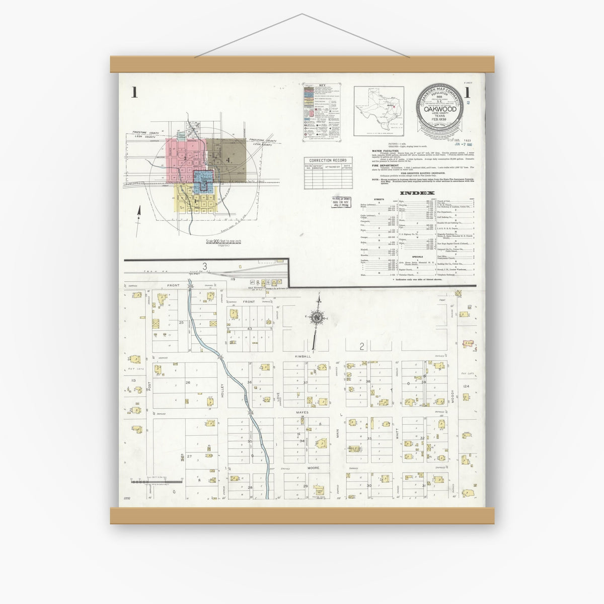 Old map wall art mockup — magnetic wood frame on white wall — Sanborn Fire Insurance Map from Oakwood, Leon County, Texas (1939), Sheet #0001