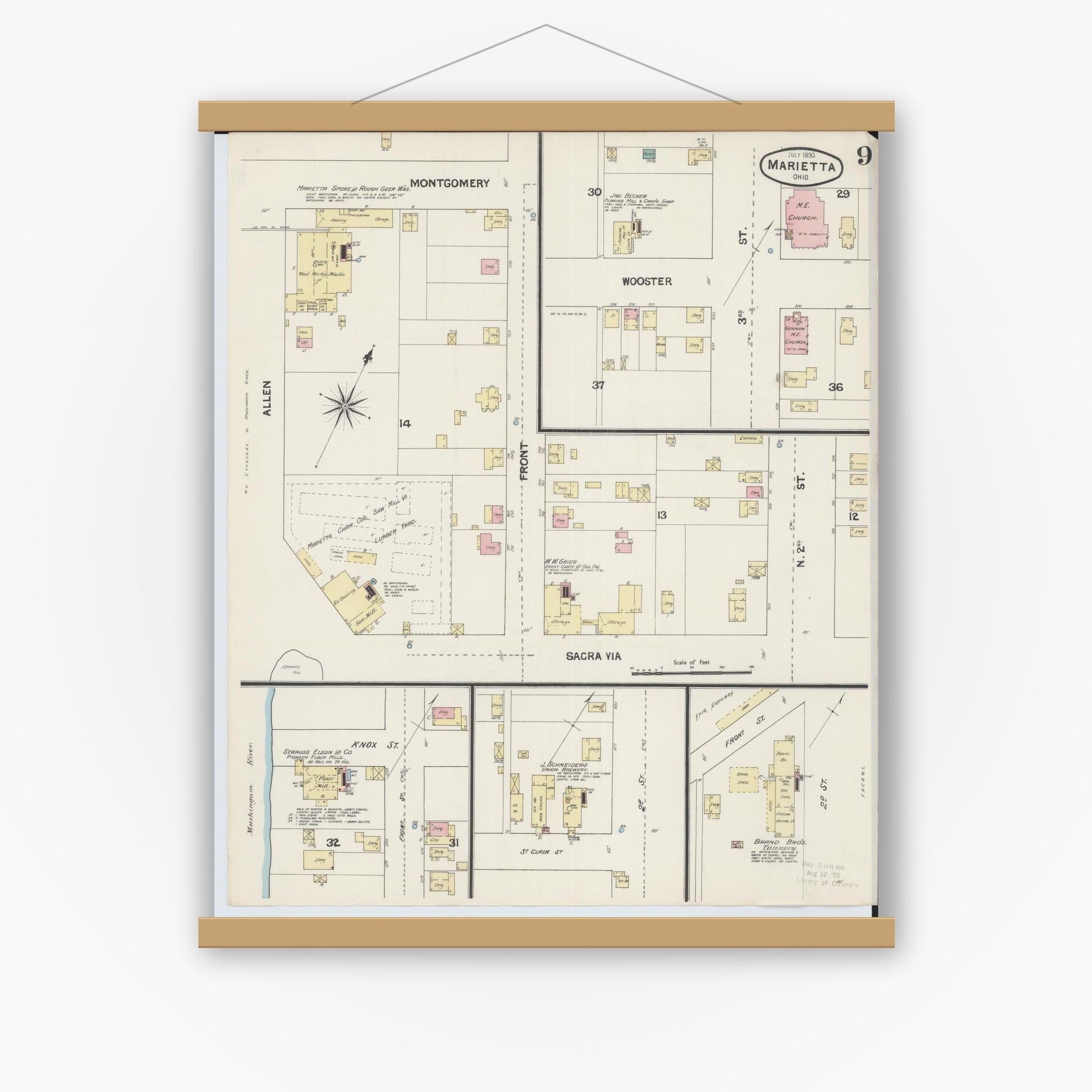 Old map wall art mockup — magnetic wood frame on white wall — Sanborn Fire Insurance Map from Marietta, Washington County, Ohio (1890), Sheet #0009