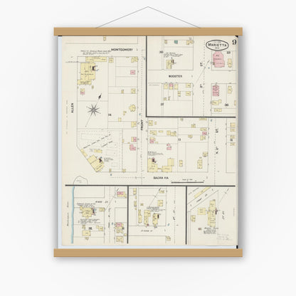 Old map wall art mockup — magnetic wood frame on white wall — Sanborn Fire Insurance Map from Marietta, Washington County, Ohio (1890), Sheet #0009