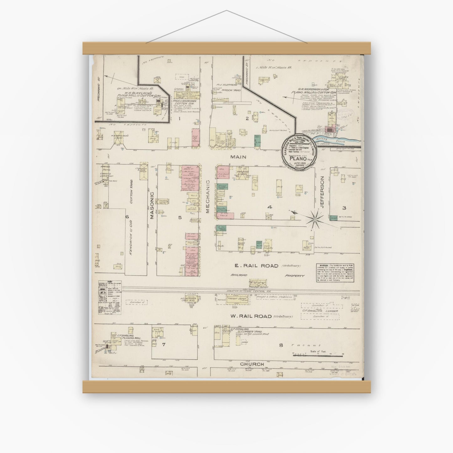 Old map wall art mockup — magnetic wood frame on white wall — Sanborn Fire Insurance Map from Plano, Collin County, Texas (1885), Sheet #0001