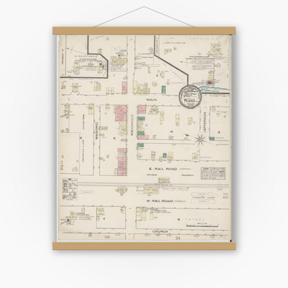 Old map wall art mockup — magnetic wood frame on white wall — Sanborn Fire Insurance Map from Plano, Collin County, Texas (1885), Sheet #0001