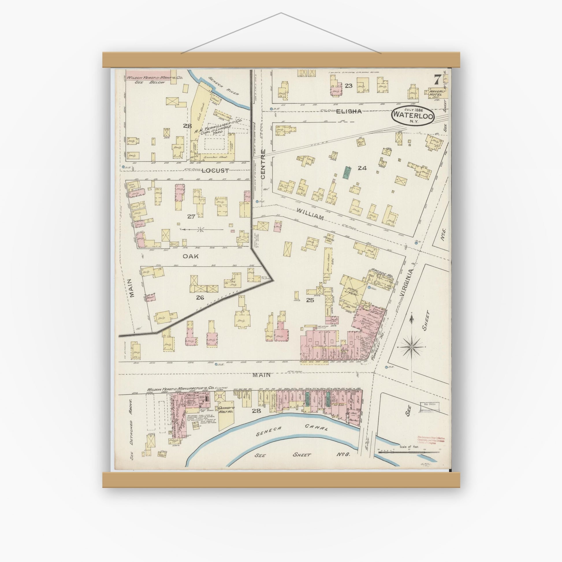 Old map wall art mockup — magnetic wood frame on white wall — Sanborn Fire Insurance Map from Waterloo, Seneca County, New York (1886), Sheet #0007