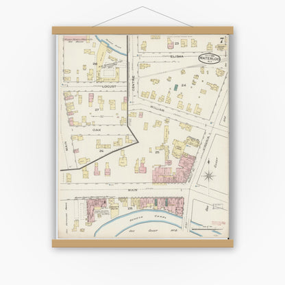Old map wall art mockup — magnetic wood frame on white wall — Sanborn Fire Insurance Map from Waterloo, Seneca County, New York (1886), Sheet #0007
