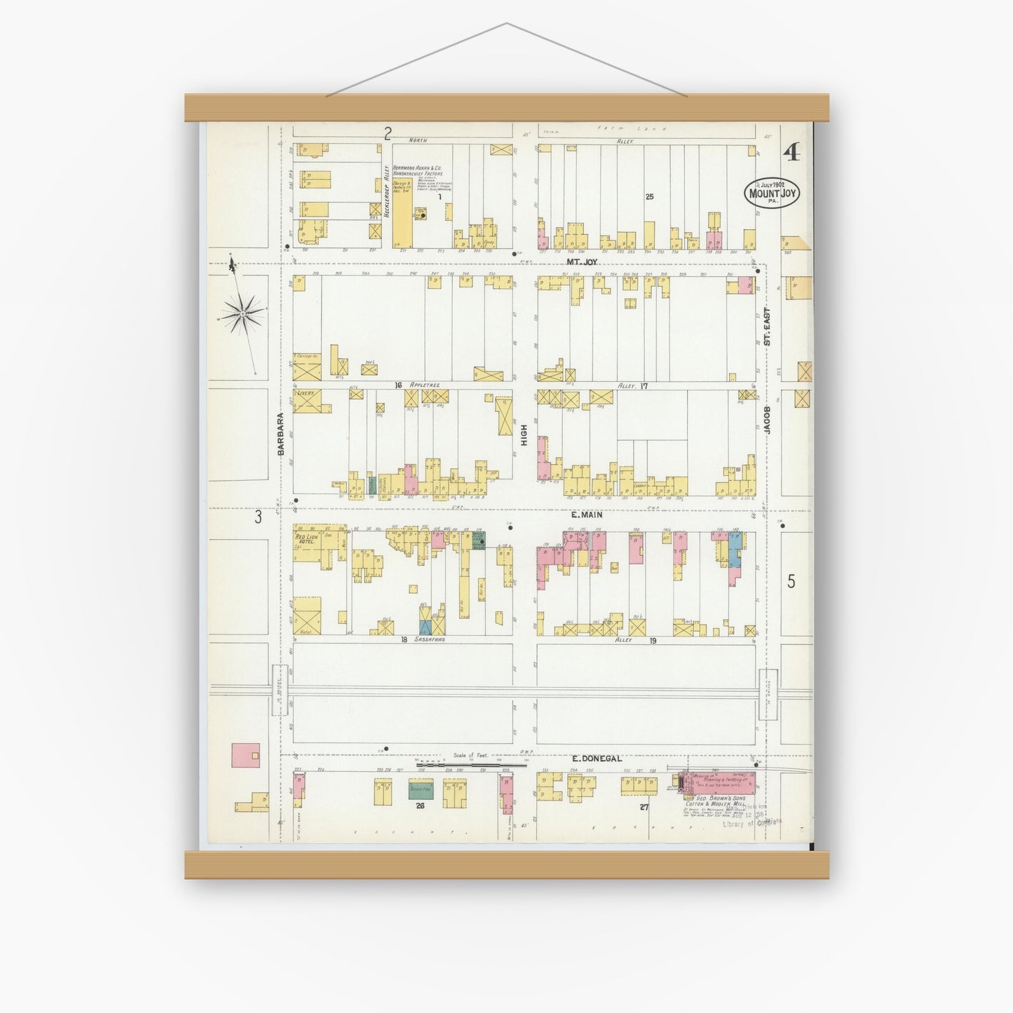 Old map wall art mockup — magnetic wood frame on white wall — Sanborn Fire Insurance Map from Mount Joy, Lancaster County, Pennsylvania (1902), Sheet #0004