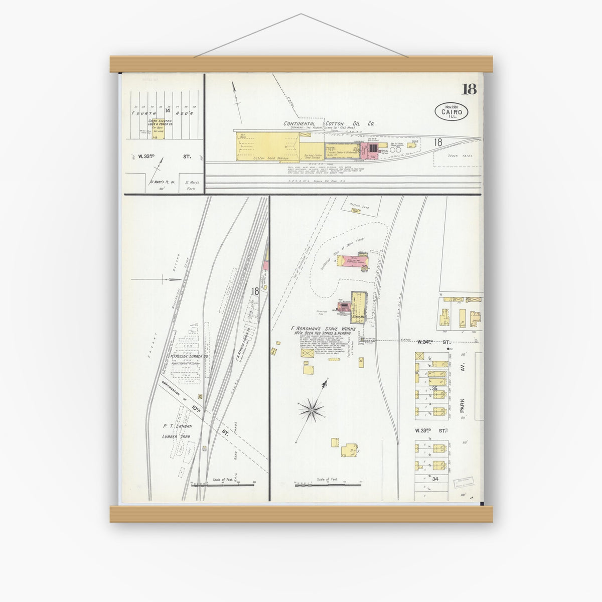Old map wall art mockup — magnetic wood frame on white wall — Sanborn Fire Insurance Map from Cairo, Alexander County, Illinois (1901), Sheet #0018