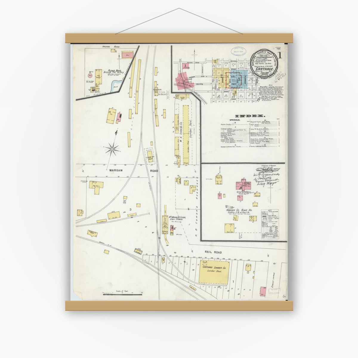Old map wall art mockup — magnetic wood frame on white wall — Sanborn Fire Insurance Map from Carthage, Hancock County, Illinois (1898), Sheet #0001