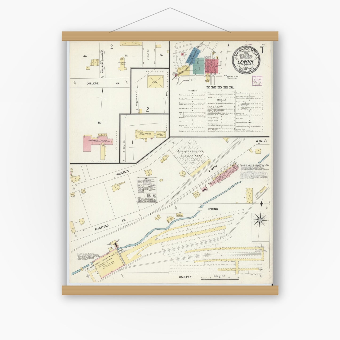 Old map wall art mockup — magnetic wood frame on white wall — Sanborn Fire Insurance Map from Lenoir, Caldwell County, North Carolina (1907), Sheet #0001