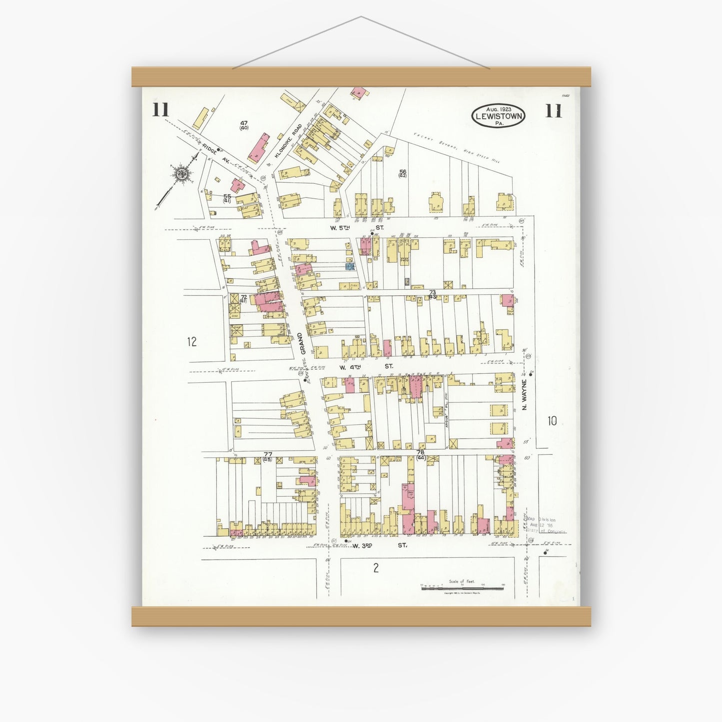 Old map wall art mockup — magnetic wood frame on white wall — Sanborn Fire Insurance Map from Lewistown, Mifflin County, Pennsylvania (1923), Sheet #0011