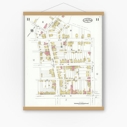 Old map wall art mockup — magnetic wood frame on white wall — Sanborn Fire Insurance Map from Lewistown, Mifflin County, Pennsylvania (1923), Sheet #0011