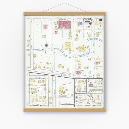 Old map wall art mockup — magnetic wood frame on white wall — Sanborn Fire Insurance Map from Charleston, Coles County, Illinois (1919), Sheet #0010