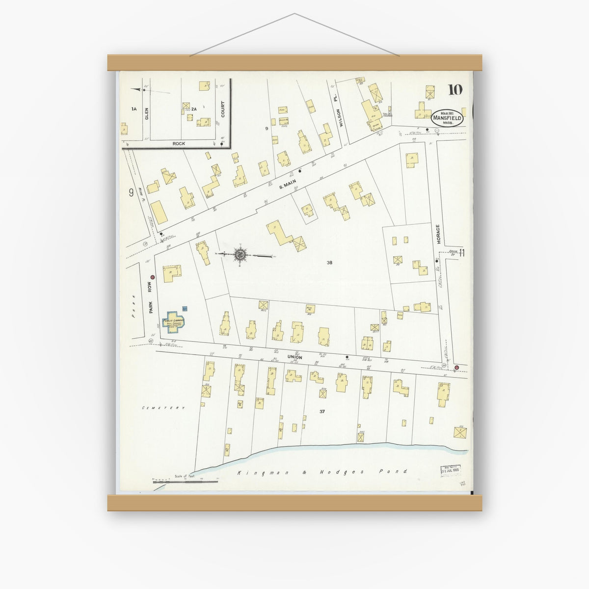 Old map wall art mockup — magnetic wood frame on white wall — Sanborn Fire Insurance Map from Mansfield, Bristol County, Massachusetts (1911), Sheet #0010