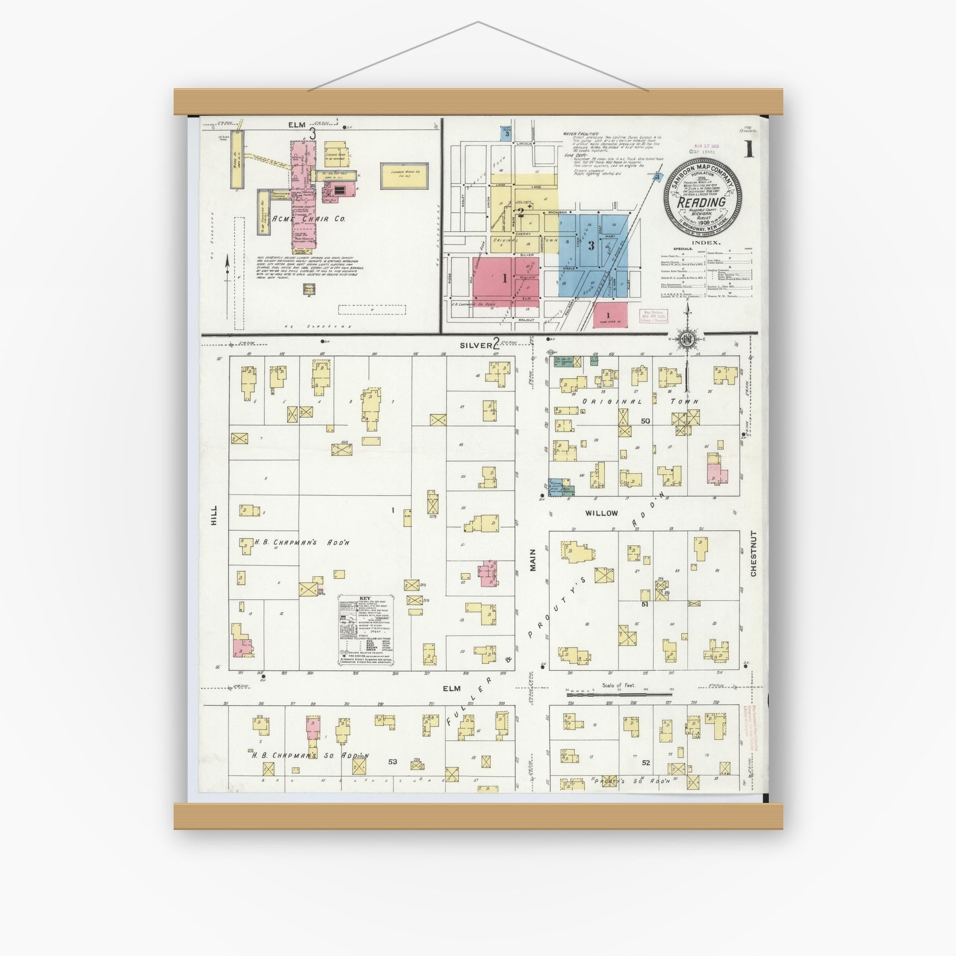 Old map wall art mockup — magnetic wood frame on white wall — Sanborn Fire Insurance Map from Reading, Hillsdale County, Michigan (1909) - Complete Map Set