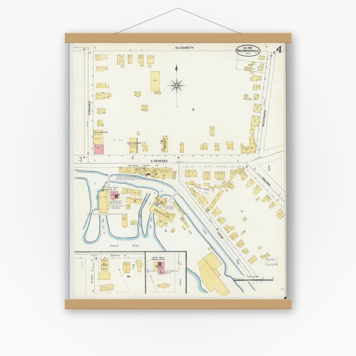 Old map wall art mockup — magnetic wood frame on white wall — Sanborn Fire Insurance Map from Baldwinsville, Onondaga County, New York (1906), Sheet #0004