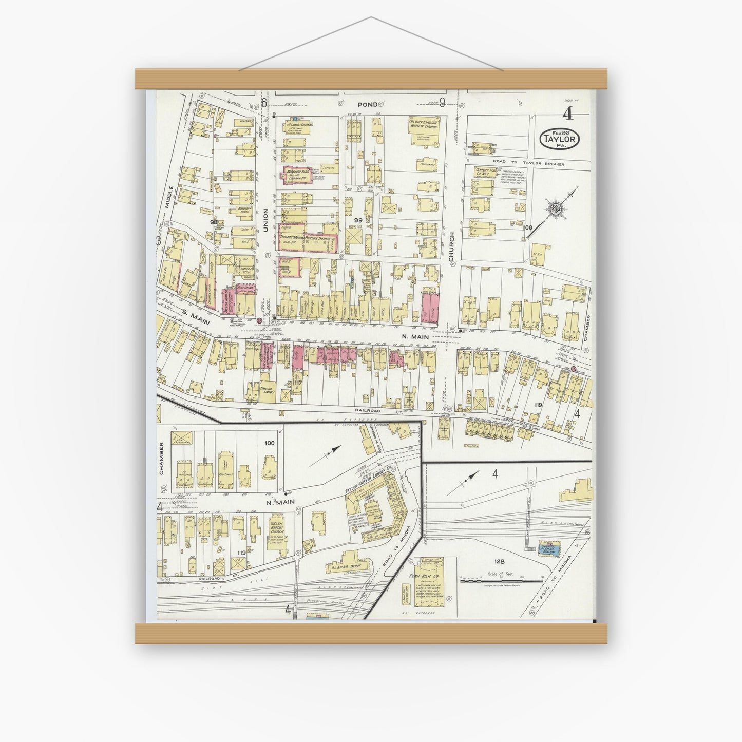 Old map wall art mockup — magnetic wood frame on white wall — Sanborn Fire Insurance Map from Taylor, Lackawanna County, Pennsylvania (1921), Sheet #0004