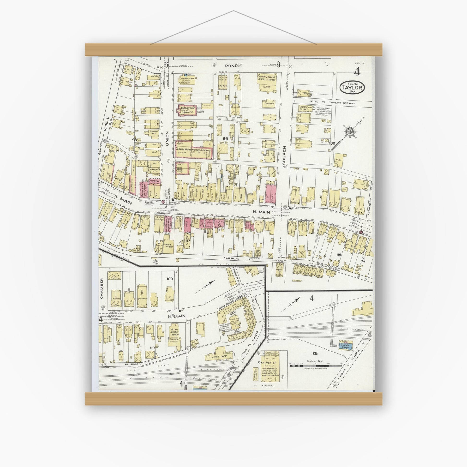 Old map wall art mockup — magnetic wood frame on white wall — Sanborn Fire Insurance Map from Taylor, Lackawanna County, Pennsylvania (1921), Sheet #0004