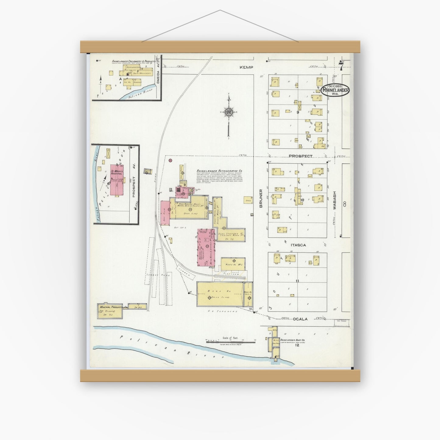 Old map wall art mockup — magnetic wood frame on white wall — Sanborn Fire Insurance Map from Rhinelander, Oneida County, Wisconsin (1920), Sheet #0007