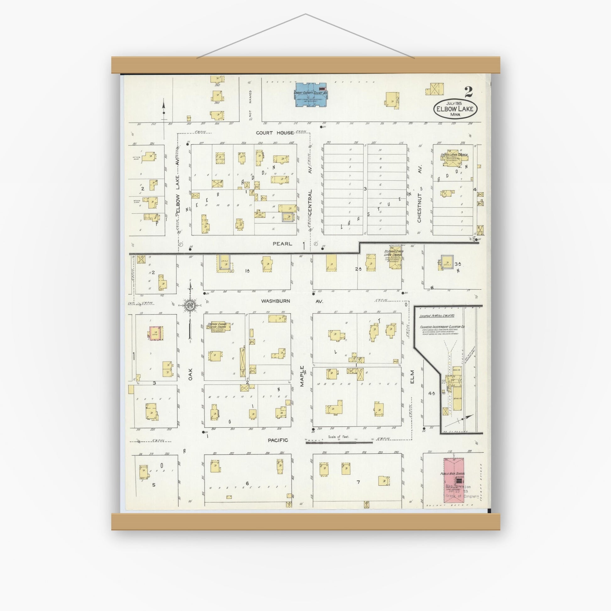 Old map wall art mockup — magnetic wood frame on white wall — Sanborn Fire Insurance Map from Elbow Lake, Grant County, Minnesota (1915), Sheet #0002