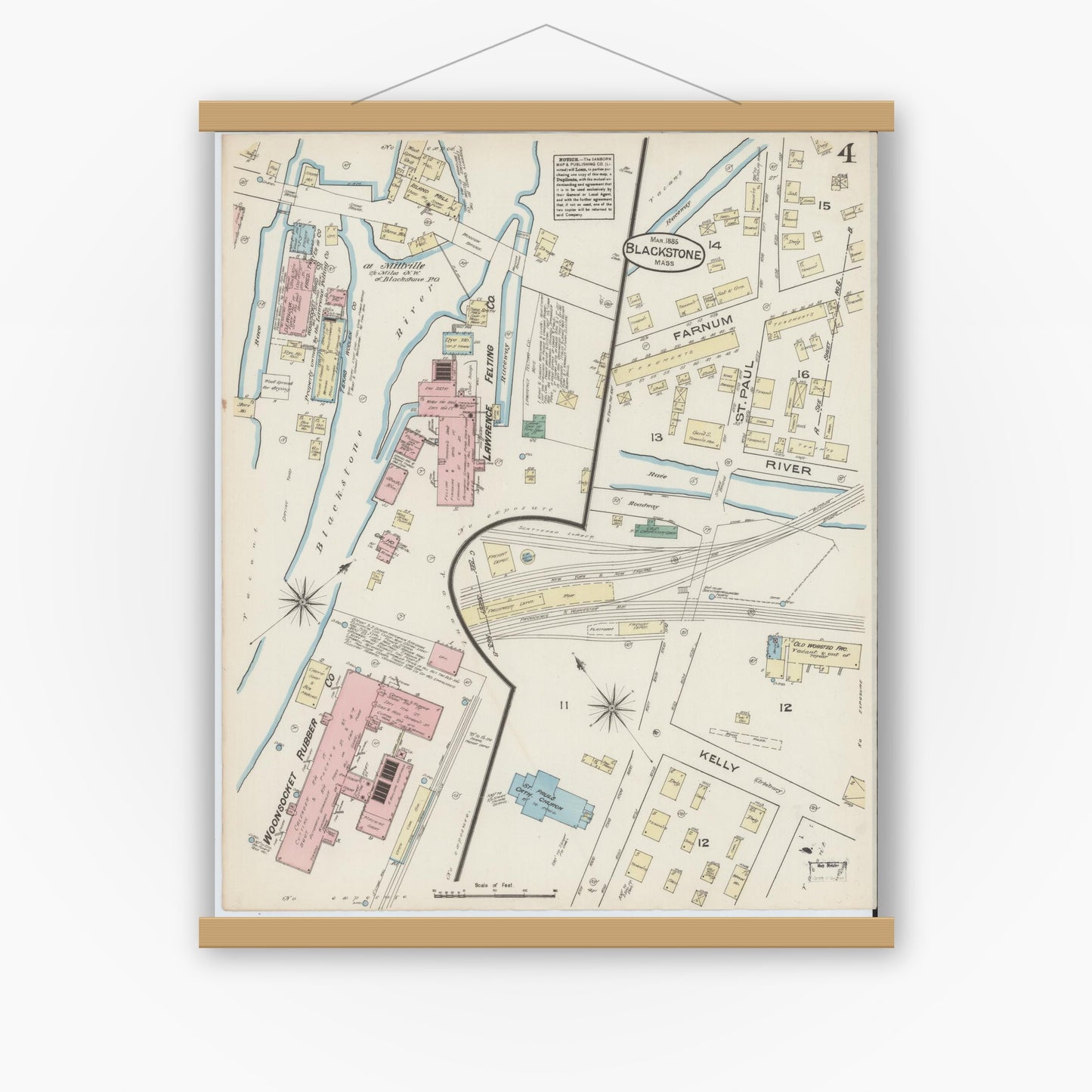 Old map wall art mockup — magnetic wood frame on white wall — Sanborn Fire Insurance Map from Blackstone, Worcester County, Massachusetts (1885), Sheet #0004