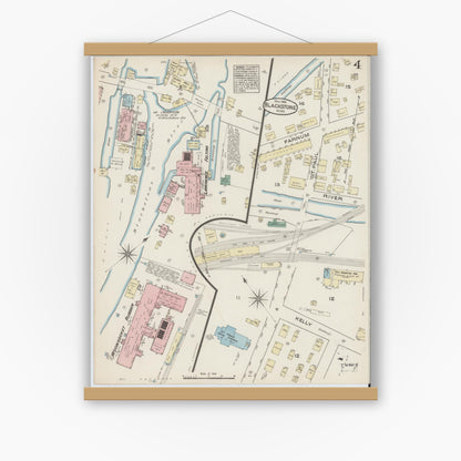 Old map wall art mockup — magnetic wood frame on white wall — Sanborn Fire Insurance Map from Blackstone, Worcester County, Massachusetts (1885), Sheet #0004